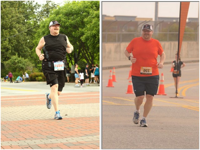 Now and Then.  The left picture was from my last 5k race and the one on the right is from my first 5k race in October.